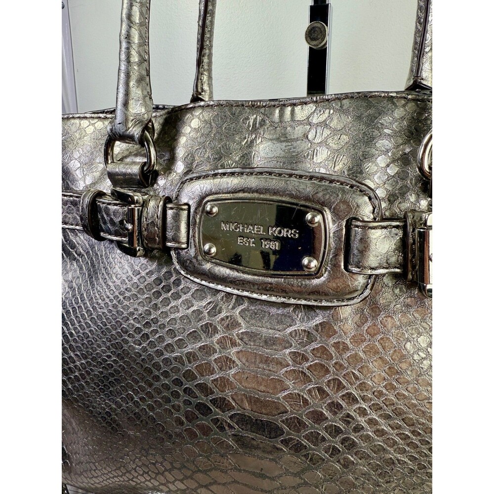 MICHAEL KORS Large Hamilton Gray Luxury Embossed Leather Satchel Shoulder Bag - Picture 9 of 17
